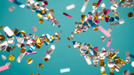 Colorful confetti on blue background. 3d rendering, 3d illustration.の素材