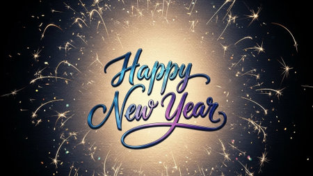 Happy New Year Calligraphic Lettering with Sparkle Firework Backgroundの素材