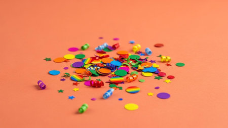 Colorful confetti on orange background. Festive background with copy space.の素材