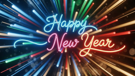 Happy new year text in neon light on black background. 3D renderingの素材