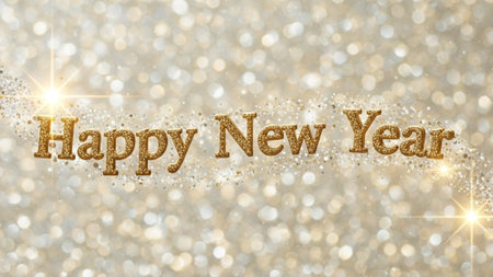 Happy New Year card with golden glittering text on bokeh backgroundの素材