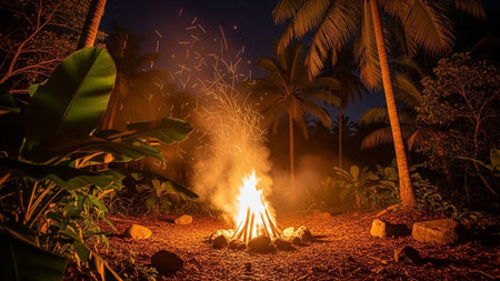 Bonfire in the jungle at night with fireworks and palm trees in the backgroundの素材