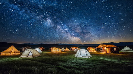 Night camping in the mountains. Night landscape with tents and stars.の素材