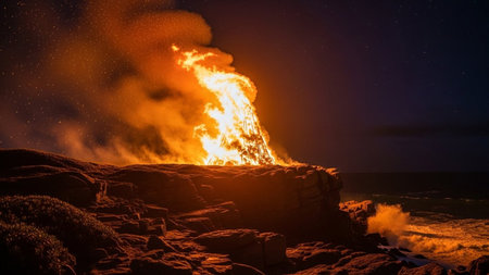 Volcanic eruption at night with a view of the ocean and the skyの素材