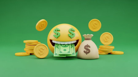 Egg smile with money on green background. 3d illustration.の素材