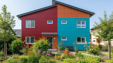 Colorful modern houses in a small town in the Netherlands, Europeの素材