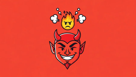 Devil cartoon on red background. Vector illustration of devil emoticon.の素材