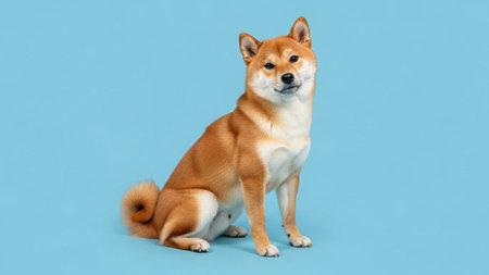 Shiba inu dog sitting on blue background. Studio shot.の素材