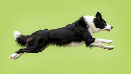 Funny portrait of cute black and white border collie dog jumping isolated on green backgroundの素材