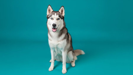 Siberian Husky dog sitting on turquoise background.の素材