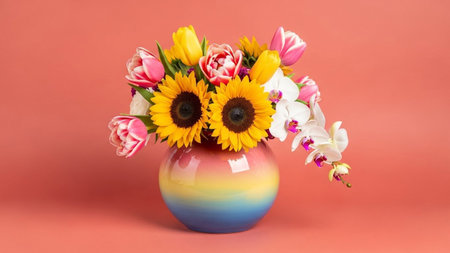 Bouquet of flowers in a vase on a red backgroundの素材