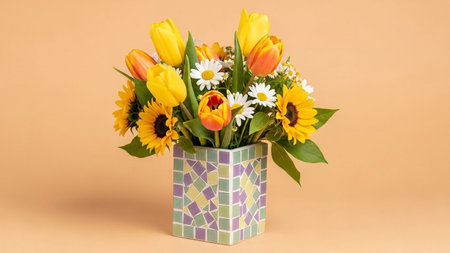 Bouquet of flowers in a vase on a brown backgroundの素材