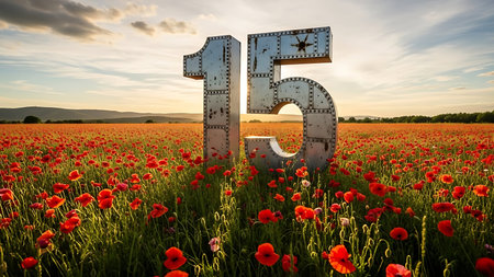 The number 15 on the field of red poppies at sunsetの素材