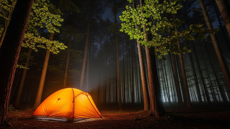 Orange camping tent in the dark forest at night. Camping conceptの素材