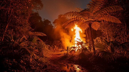 Flaming bonfire in the forest at night, Thailand.の素材