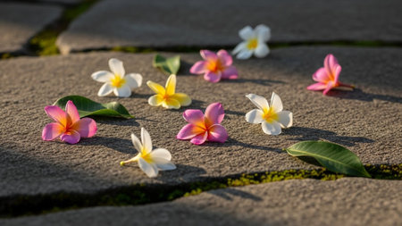 Plumeria flowers on the cement floor in the garden, Thailand.の素材