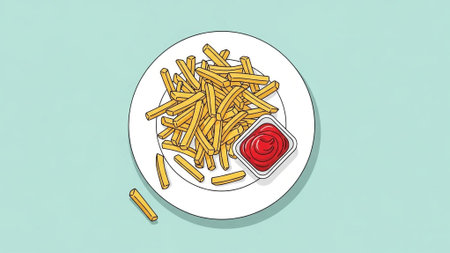 Illustration of french fries on a white plate with a red sauceの素材