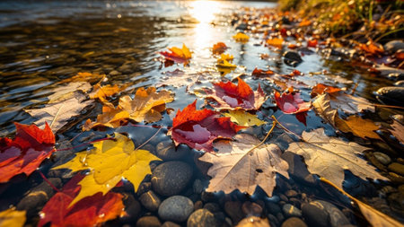 Colorful autumn leaves on the water surface. Beautiful autumn landscape.の素材