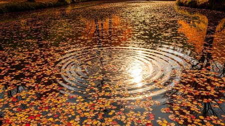 Autumn leaves reflecting in the water of a pond with reflection of treesの素材
