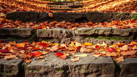 Autumn leaves on the stone stairs in the park, autumn backgroundの素材