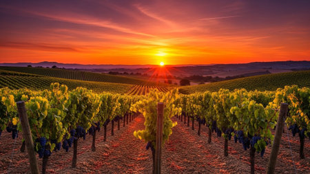 Sunset over vineyards in Chianti, Tuscany, Italyの素材