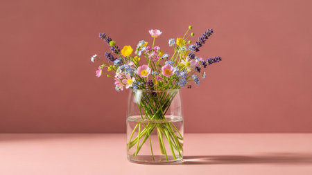 Bouquet of wildflowers in glass vase on pink backgroundの素材