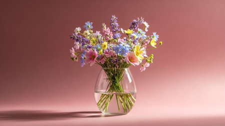 Bouquet of wildflowers in vase on pink backgroundの素材
