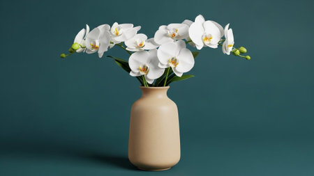 White orchid in a vase on a turquoise backgroundの素材