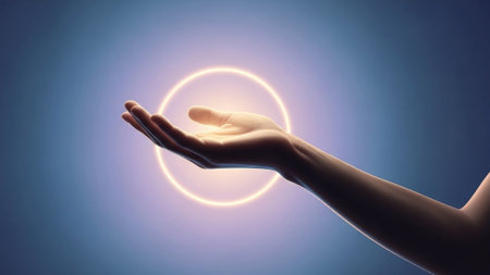 Close up of human hand gesturing with luminous circle on blue backgroundの素材