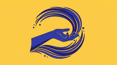 Illustration of a female hand holding a water drop on a yellow backgroundの素材