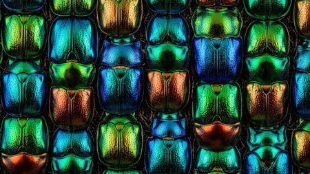 Colorful beetle background. Close-up of a group of beetles.の素材