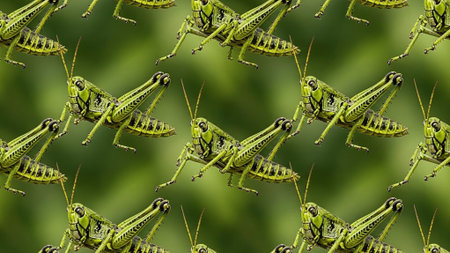 Seamless pattern of green grasshoppers on a green backgroundの素材