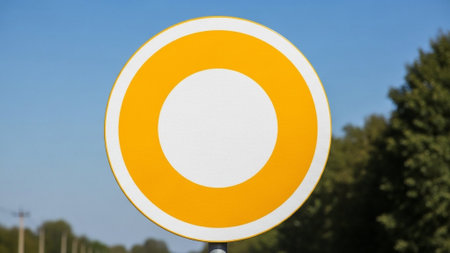 Round traffic sign on the road in front of a blue sky.の素材