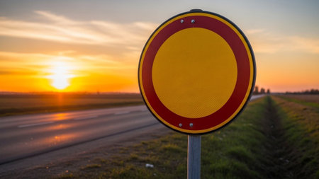 Traffic sign on the road at sunset. Road sign on a highway.の素材