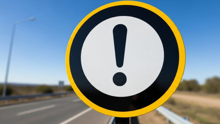 Traffic sign with exclamation mark on a highway in Spain.の素材