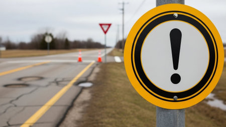Traffic sign on a road, with a warning sign in the backgroundの素材