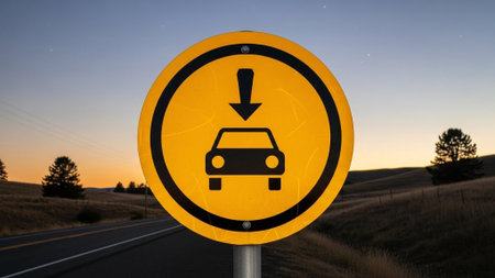 Traffic sign on the road with sunset in the background. Conceptual image.の素材