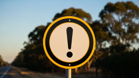 Traffic sign with an exclamation mark on a road in Australiaの素材