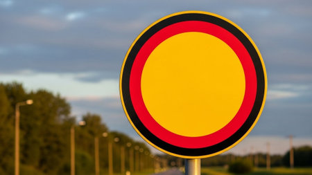 Traffic sign on a road in the evening, close-upの素材
