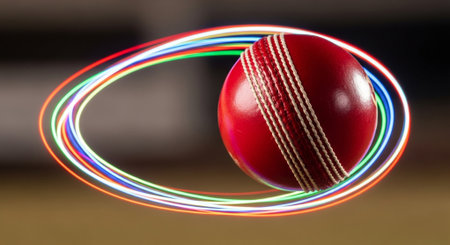 Cricket ball and light trails on a dark background with copy spaceの素材