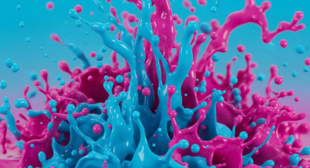 3d render of paint splashing isolated on blue background. Colorful paint splashing.の素材
