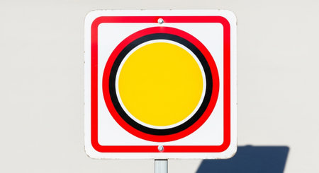 Traffic sign on a white background with a shadow of the sunの素材