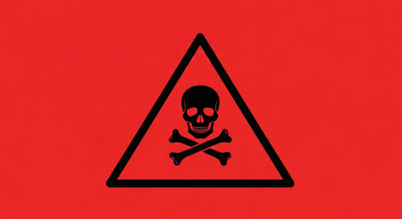 Warning sign with skull and crossbones on red background. Vector illustration.の素材