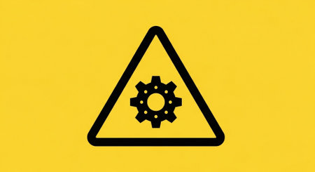 Warning sign with gear icon on yellow background. 3d illustration.の素材