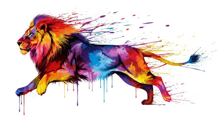 Lion with colorful splashes on white background. Vector illustration.の素材