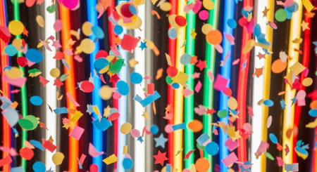 Colorful paper confetti and ribbons flying on a party backgroundの素材