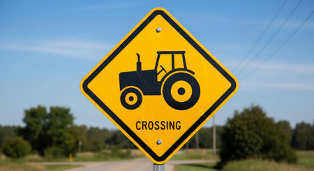 Road sign with a tractor on a country road. Blue sky background.の素材