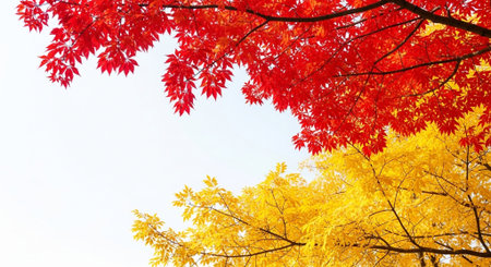Maple leaves in autumn season with blue sky and white clouds backgroundの素材