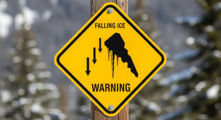 Traffic sign warning of falling ice and snow in Yellowstone National Parkの素材