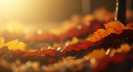autumn leaves on the ground illuminated by the sun. shallow depth of fieldの素材